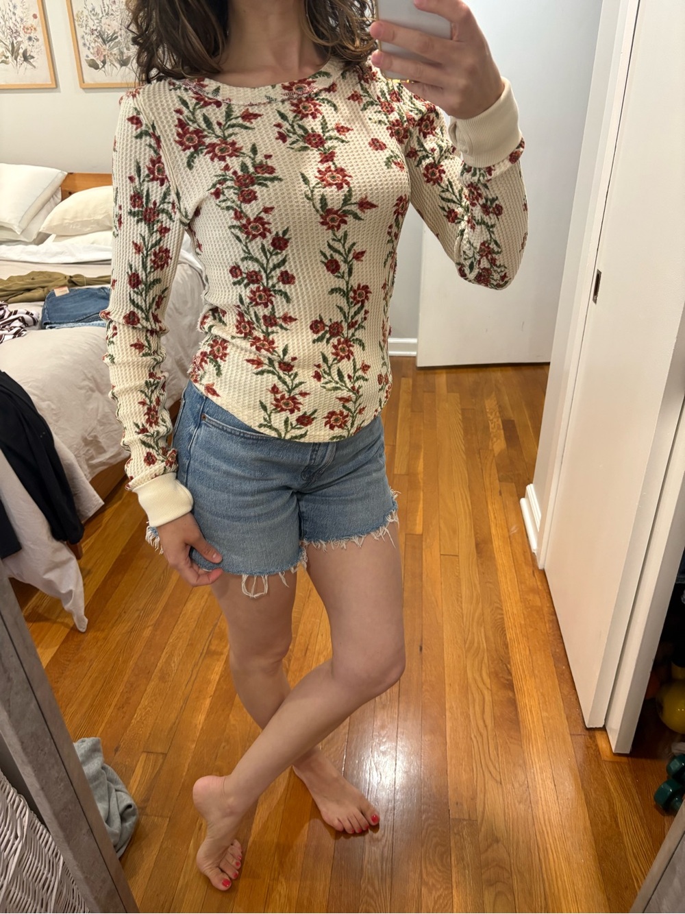 We The Free Cream Floral Waffle-Knit Long Sleeve Tee